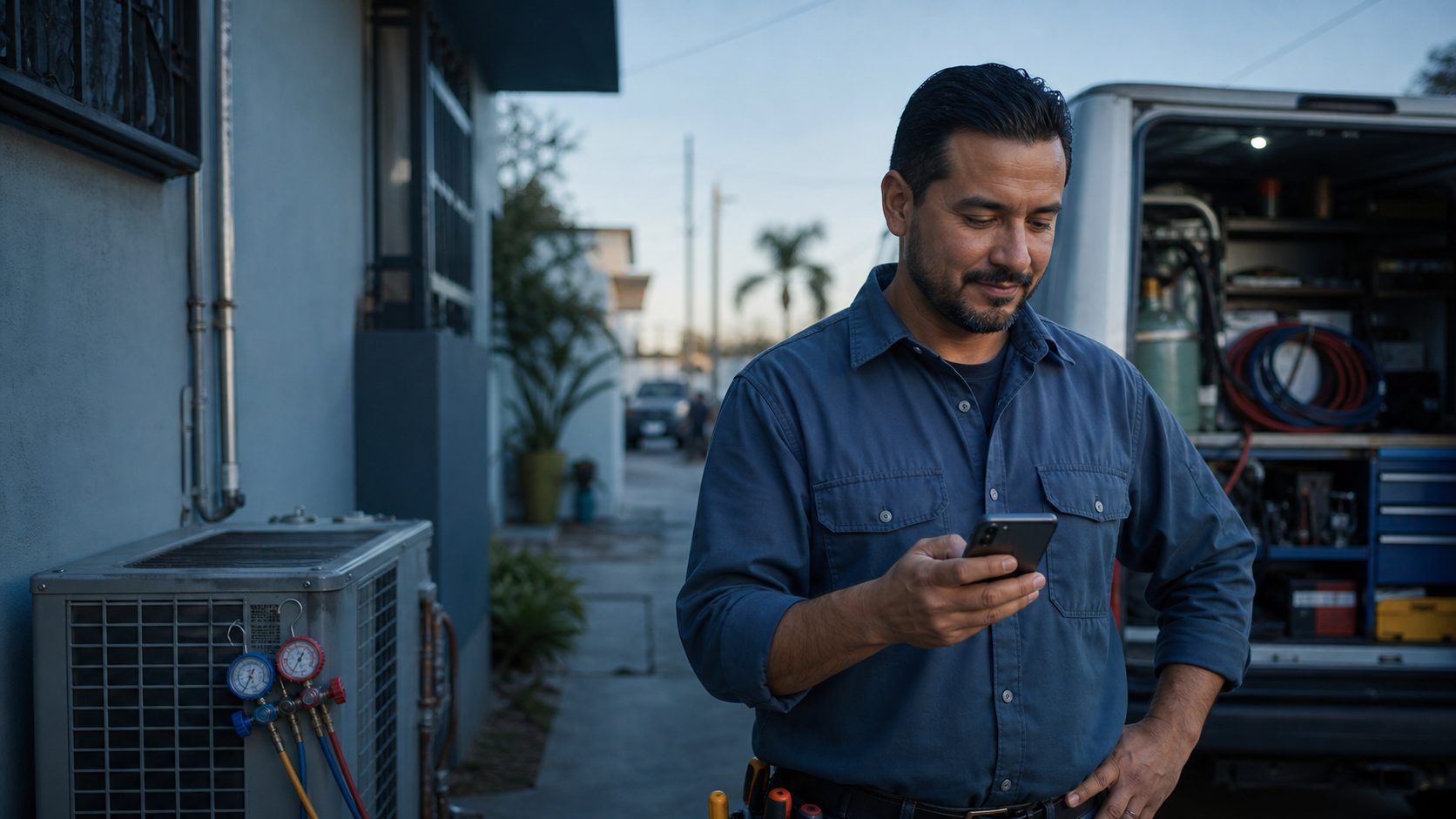 Contratista de refrigeracion y aires acondicionados con su negocio en orden, revisando su portal en el teléfono bajo la luz de la mañana