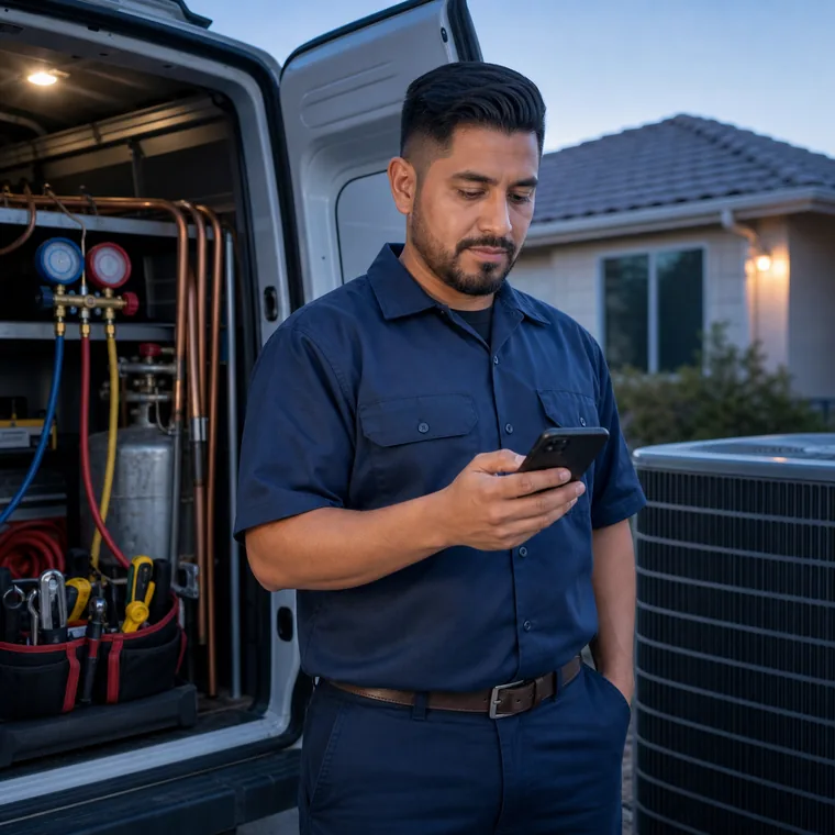 Técnico de refrigeración y aire acondicionado arranca el dia junto a su camioneta mirando el telefono