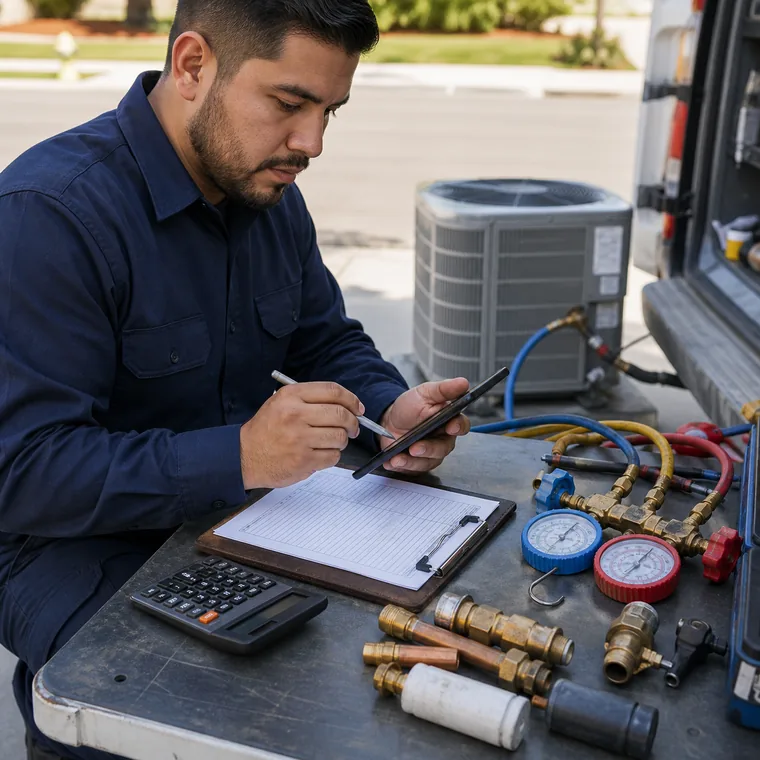 Tecnico prepara una cotizacion de mantenimiento desde el telefono