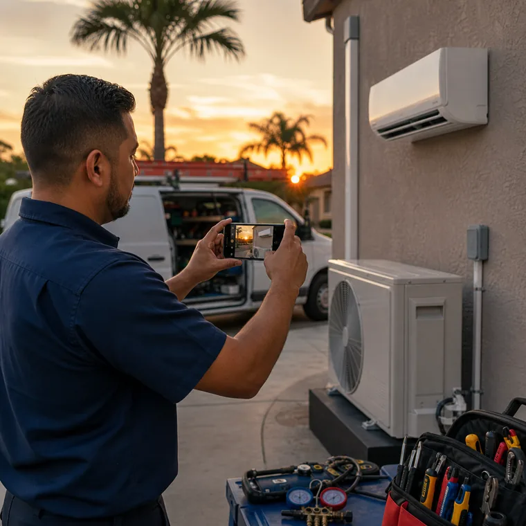 Tecnico graba un trabajo de aire terminado al atardecer con su telefono